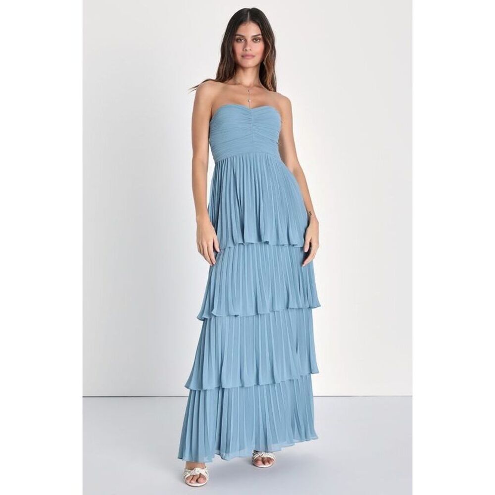 Lulus Seriously Sensational Light Blue Strapless Tiered Maxi Dress - Size M